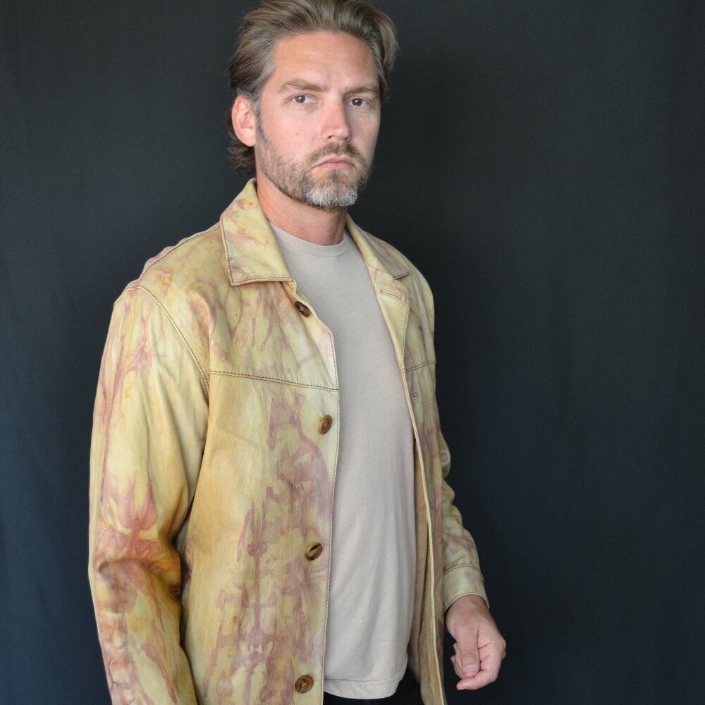 Andrew Marc leather coat safari Cowboy western rustic L XL brown tan beige dyed